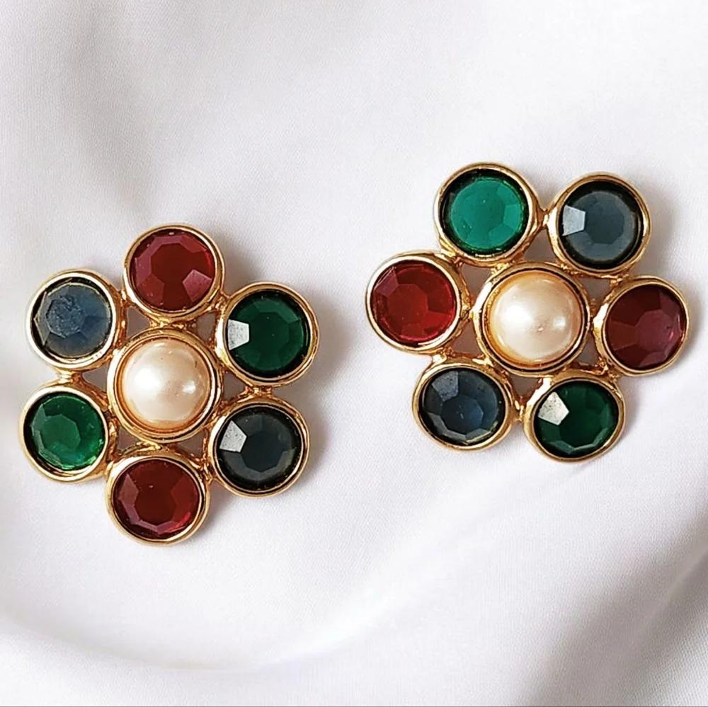 Vintage Monet Faceted Red Blue Green Glass Faux Pearl Round Flower Post Earrings